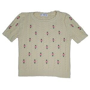 Mango MNG Yellow Knit w/ Roses‎ Short Sleeve Crew Neck Size Small Sweater